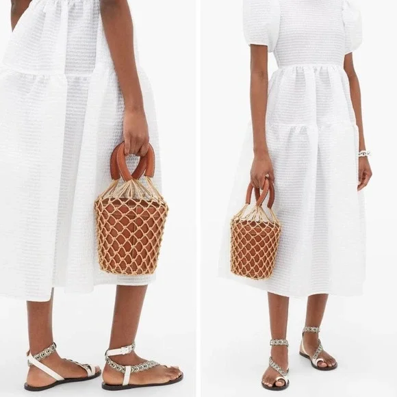 SOLD- Staud Mareau Cage Bucket Bag Brown Leather Tan Rope Net Double Handle - Picture 7 of 12